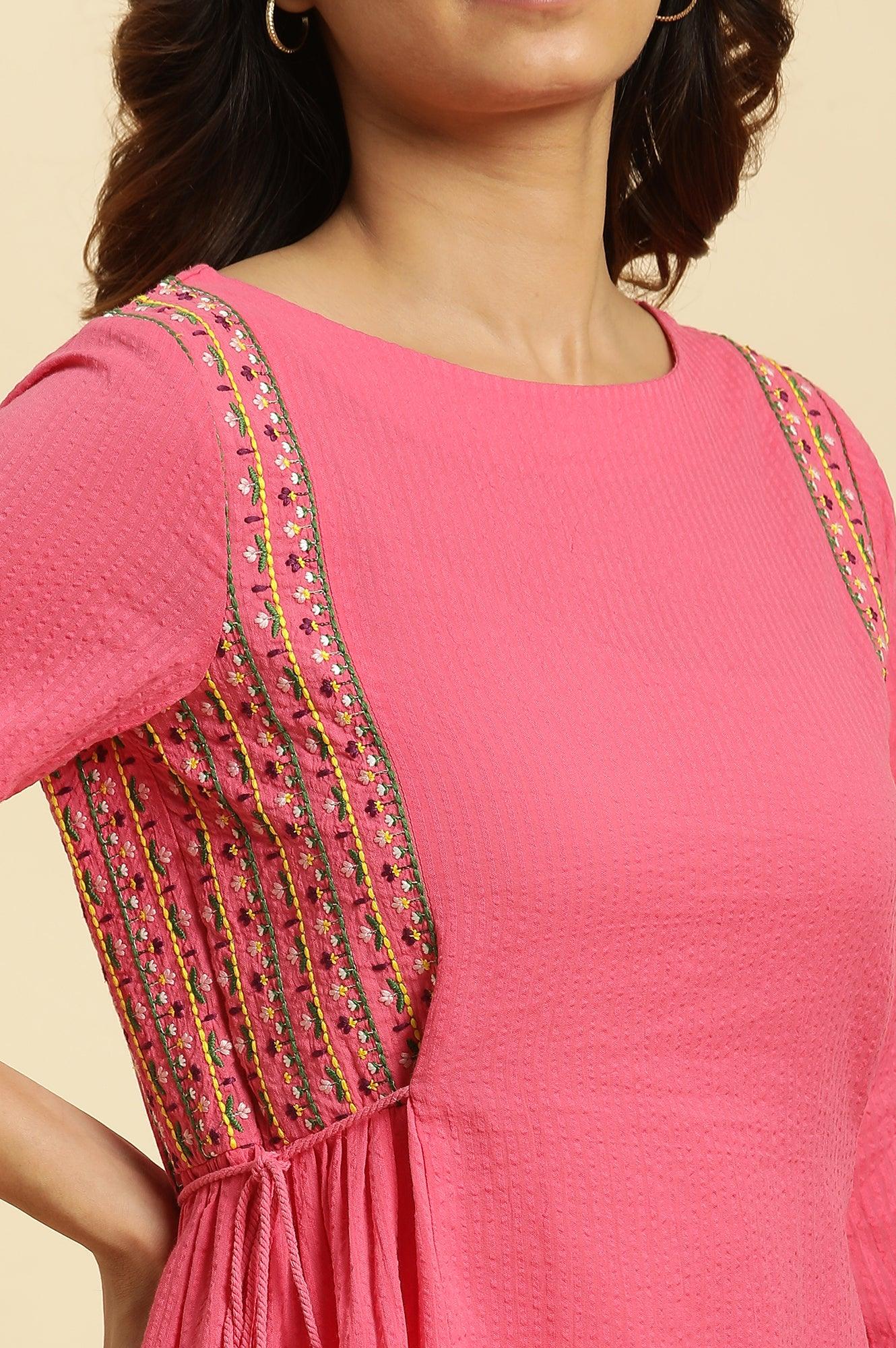 W for Woman Pink Embroidered Solid Side Tie-Up Straight Top
