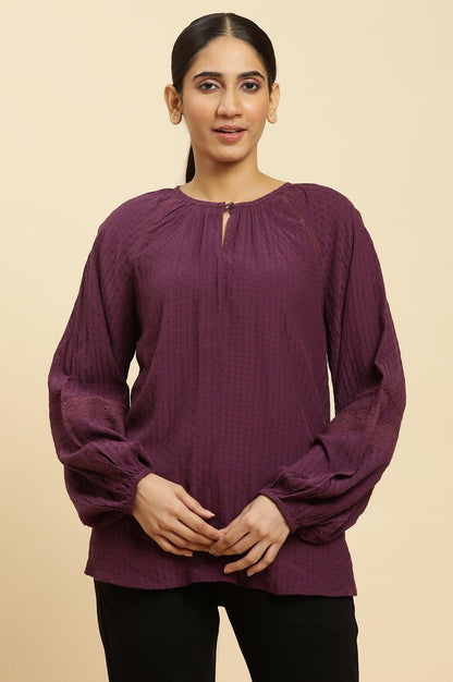 W for Woman Purple Swiss Dot Gathered Sleeves Western Top