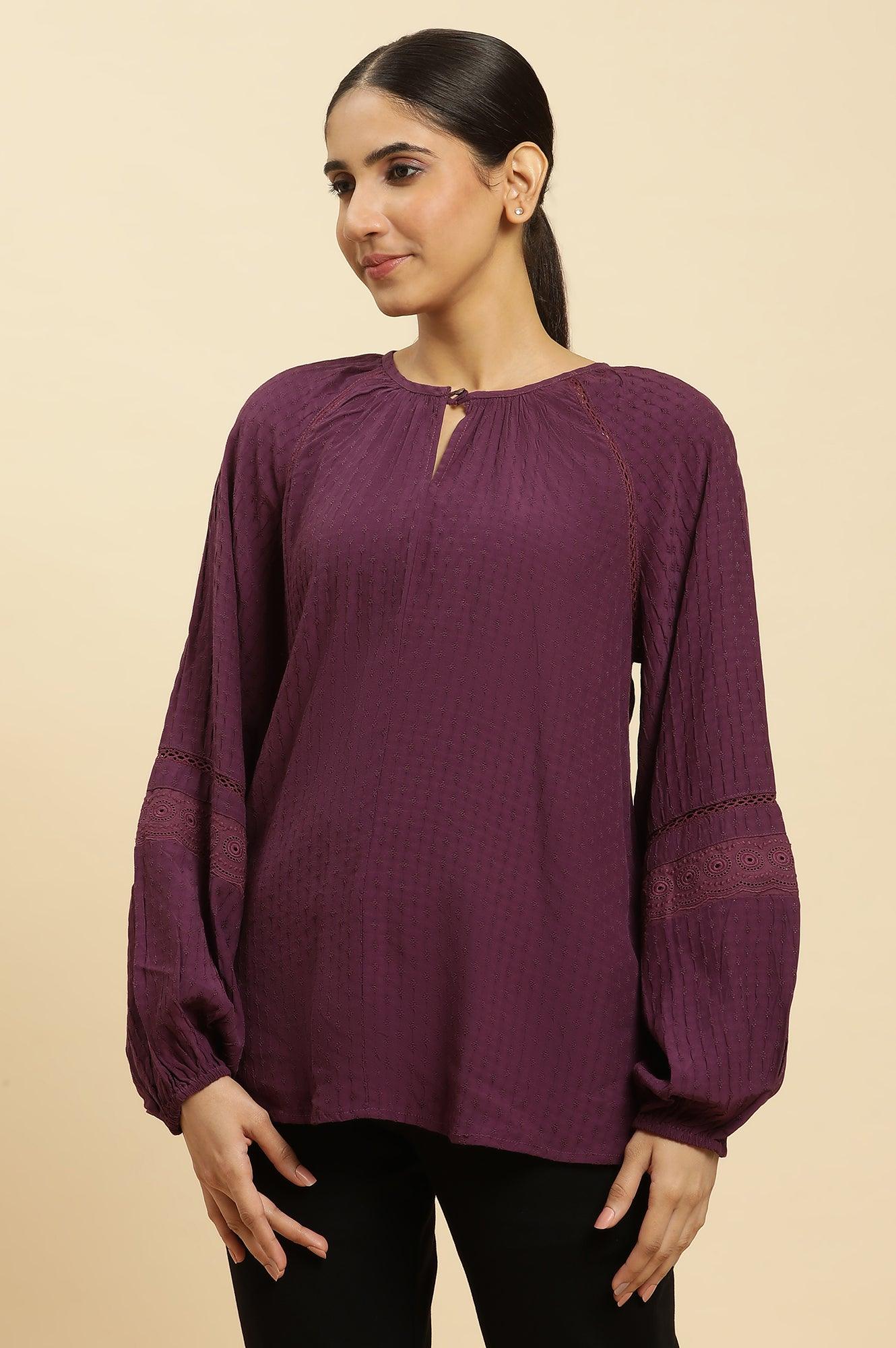 W for Woman Purple Swiss Dot Gathered Sleeves Western Top