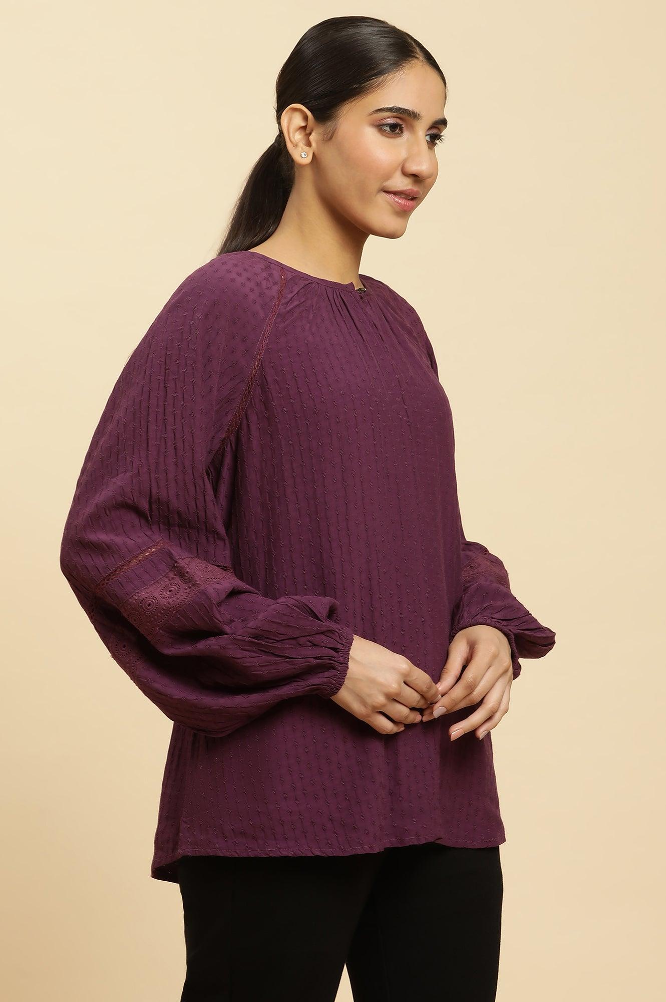 W for Woman Purple Swiss Dot Gathered Sleeves Western Top