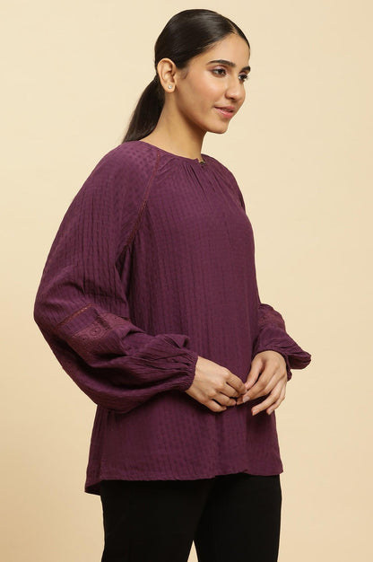 W for Woman Purple Swiss Dot Gathered Sleeves Western Top
