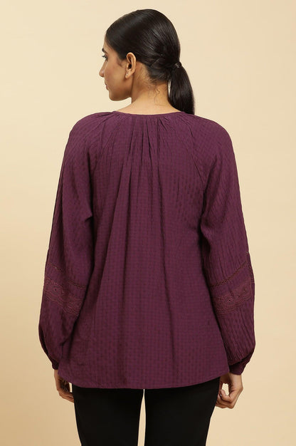 W for Woman Purple Swiss Dot Gathered Sleeves Western Top