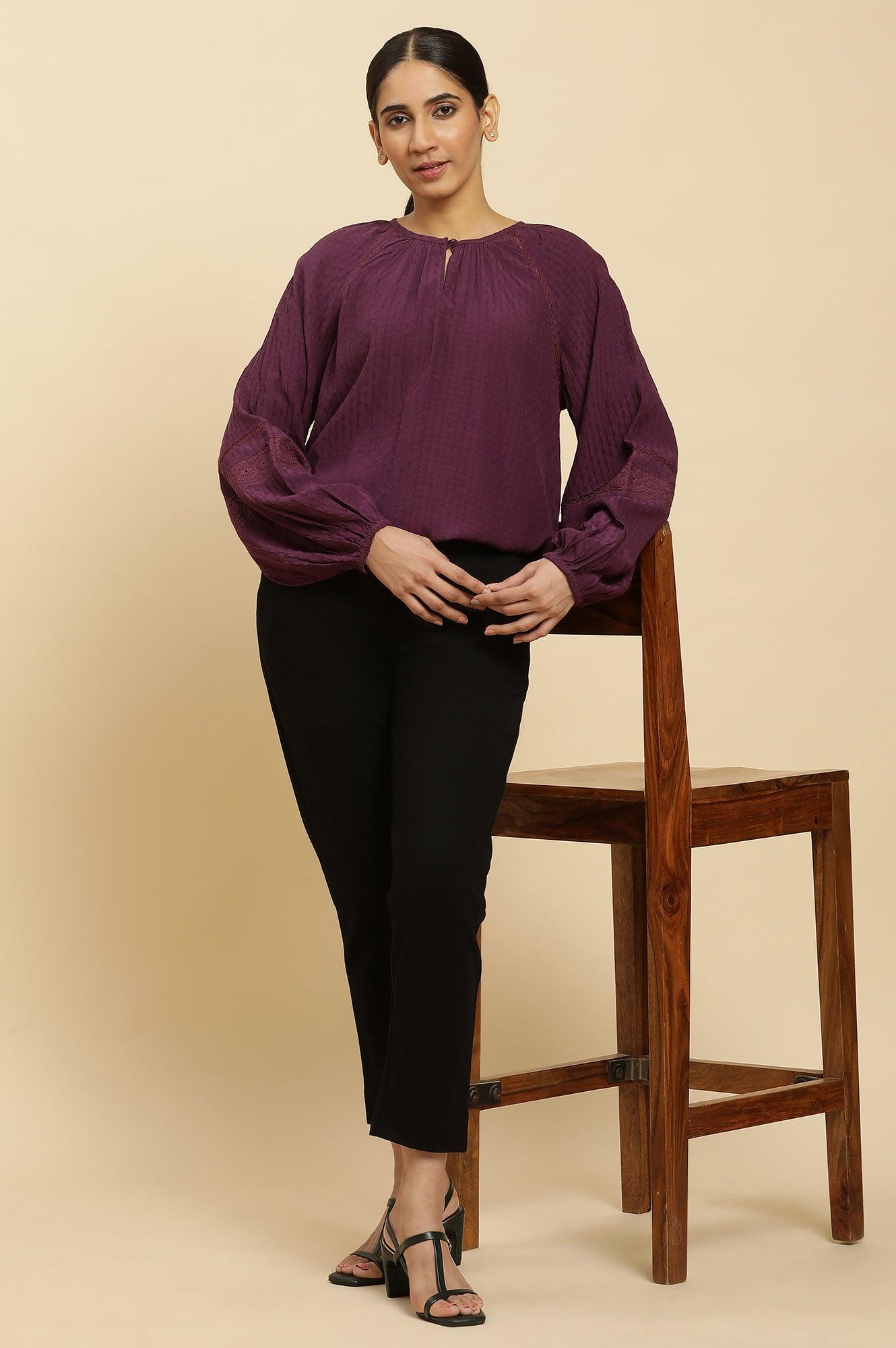 W for Woman Purple Swiss Dot Gathered Sleeves Western Top