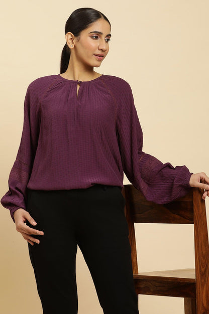 W for Woman Purple Swiss Dot Gathered Sleeves Western Top