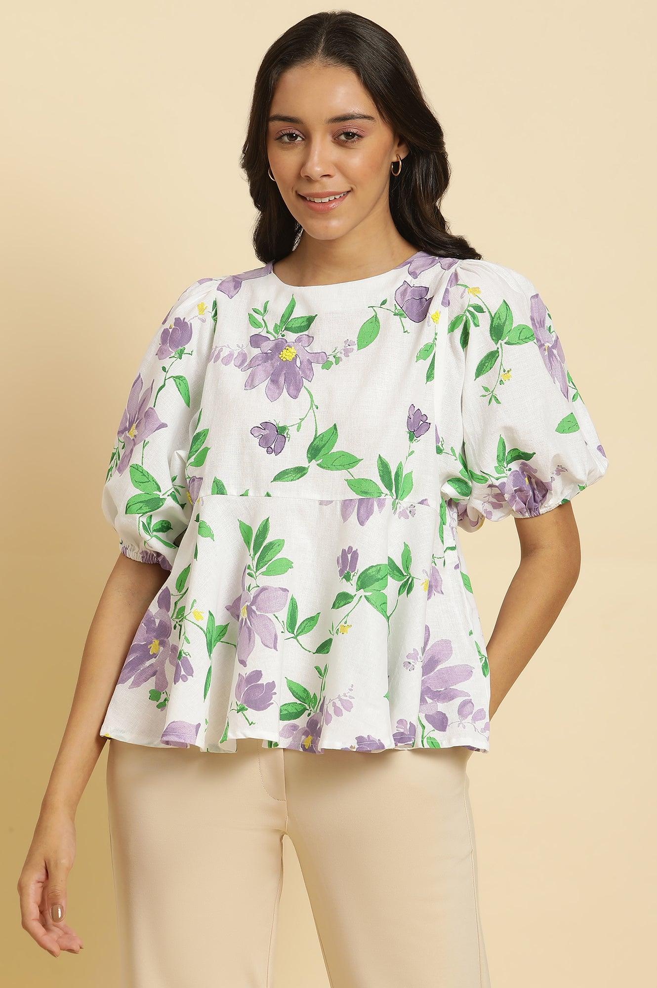 W for Woman Ecru Floral Printed Peplum Top