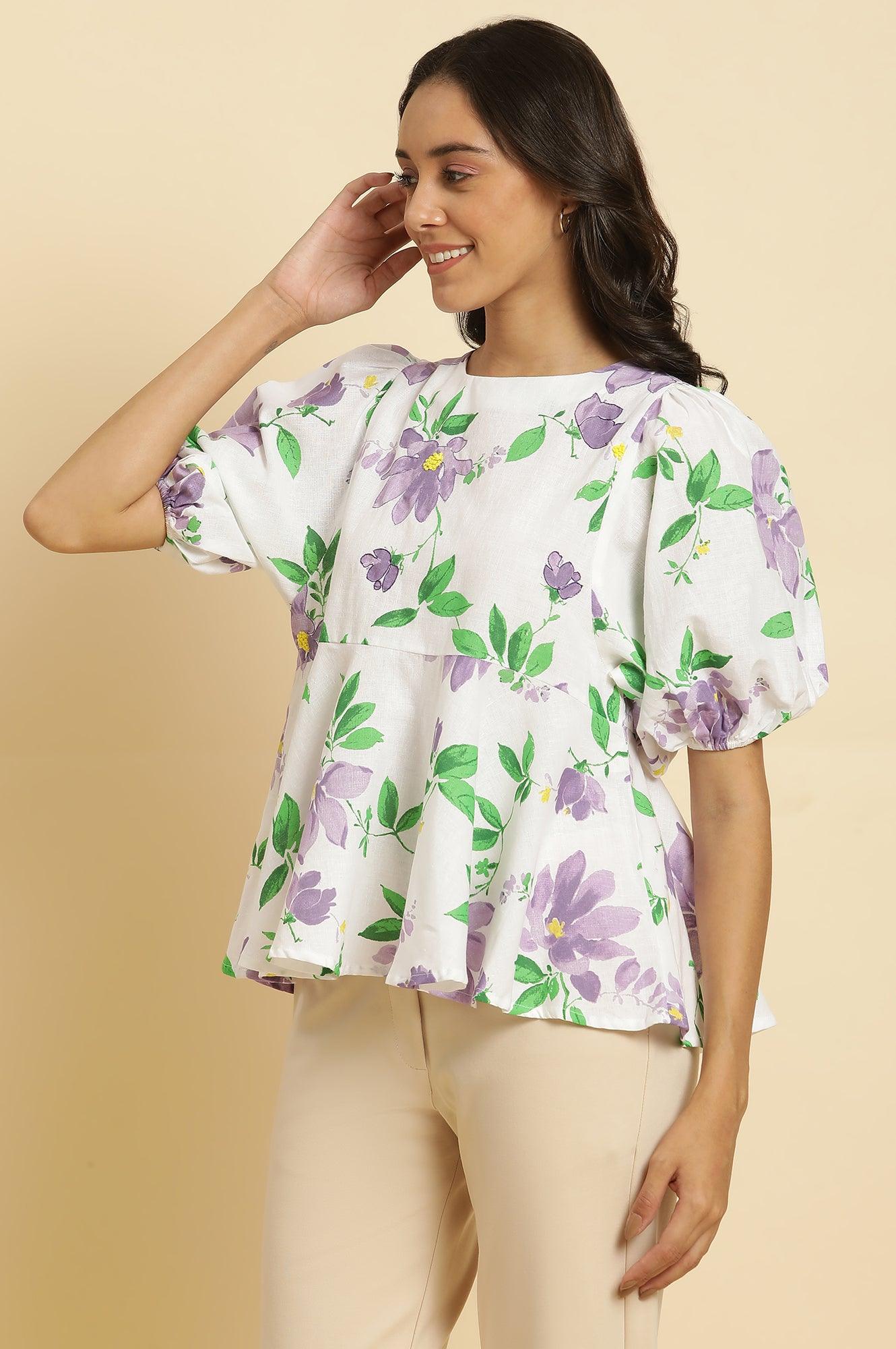 W for Woman Ecru Floral Printed Peplum Top
