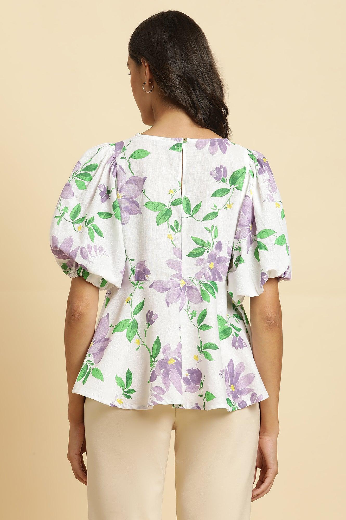 W for Woman Ecru Floral Printed Peplum Top