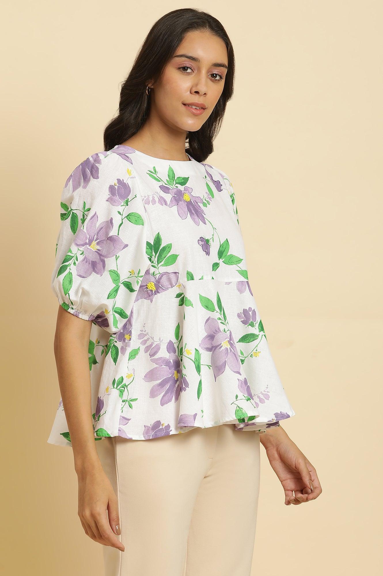 W for Woman Ecru Floral Printed Peplum Top