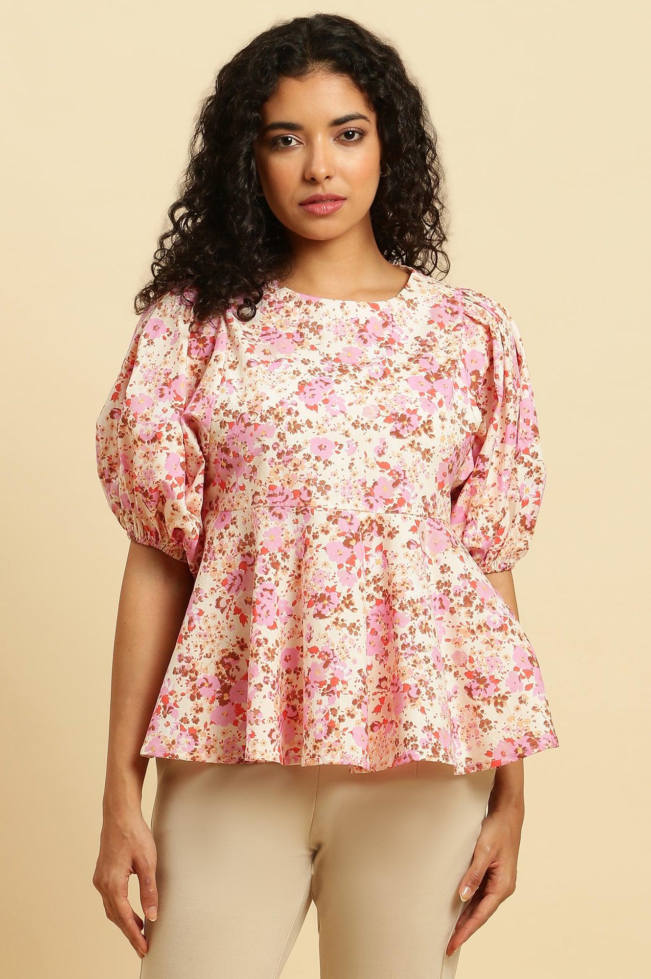 W for Woman White And Pink Floral Printed Flared Top