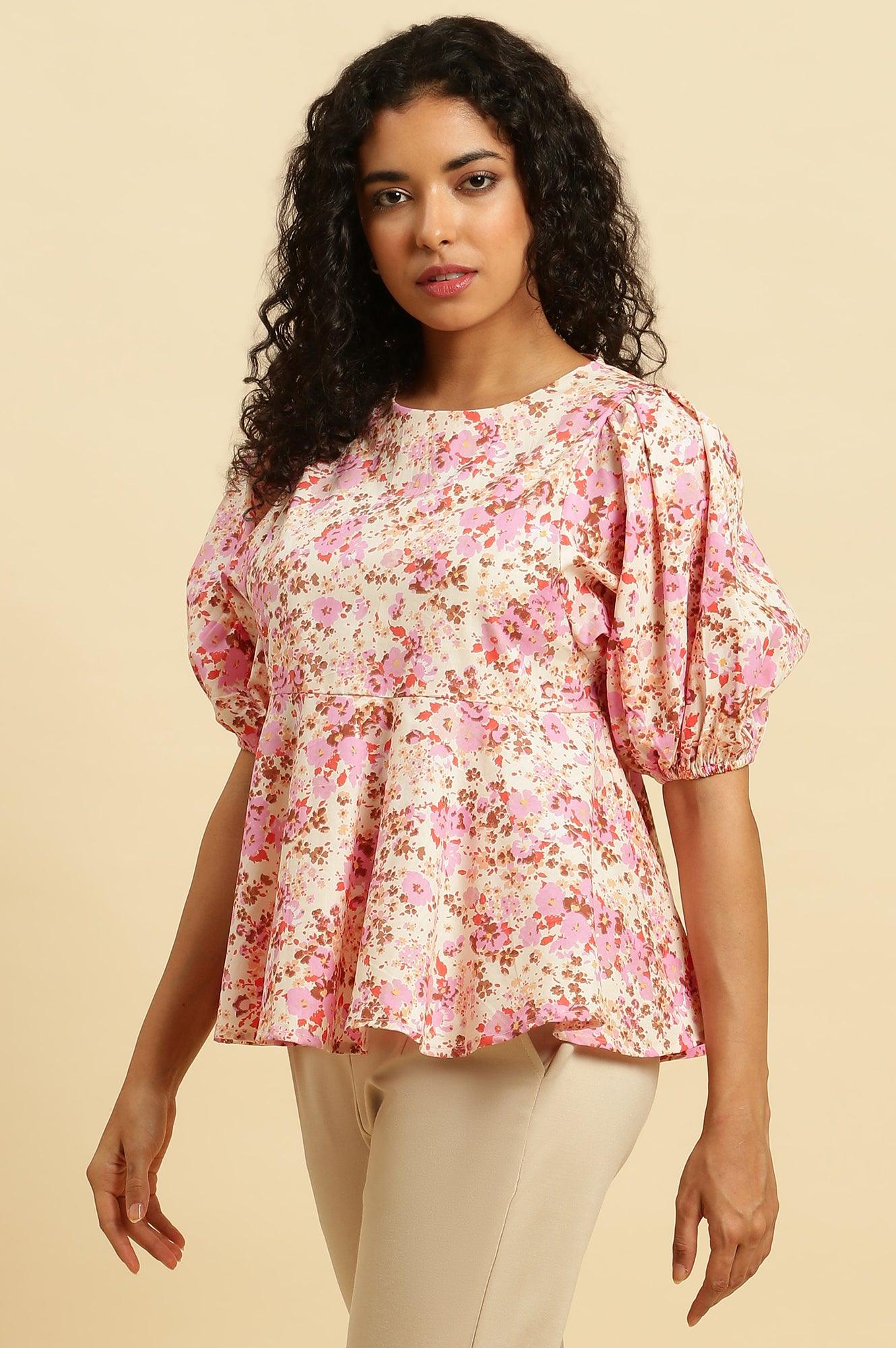 W for Woman White And Pink Floral Printed Flared Top