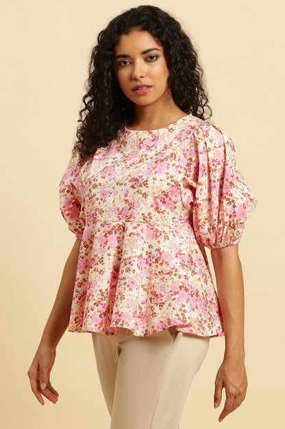 W for Woman White And Pink Floral Printed Flared Top