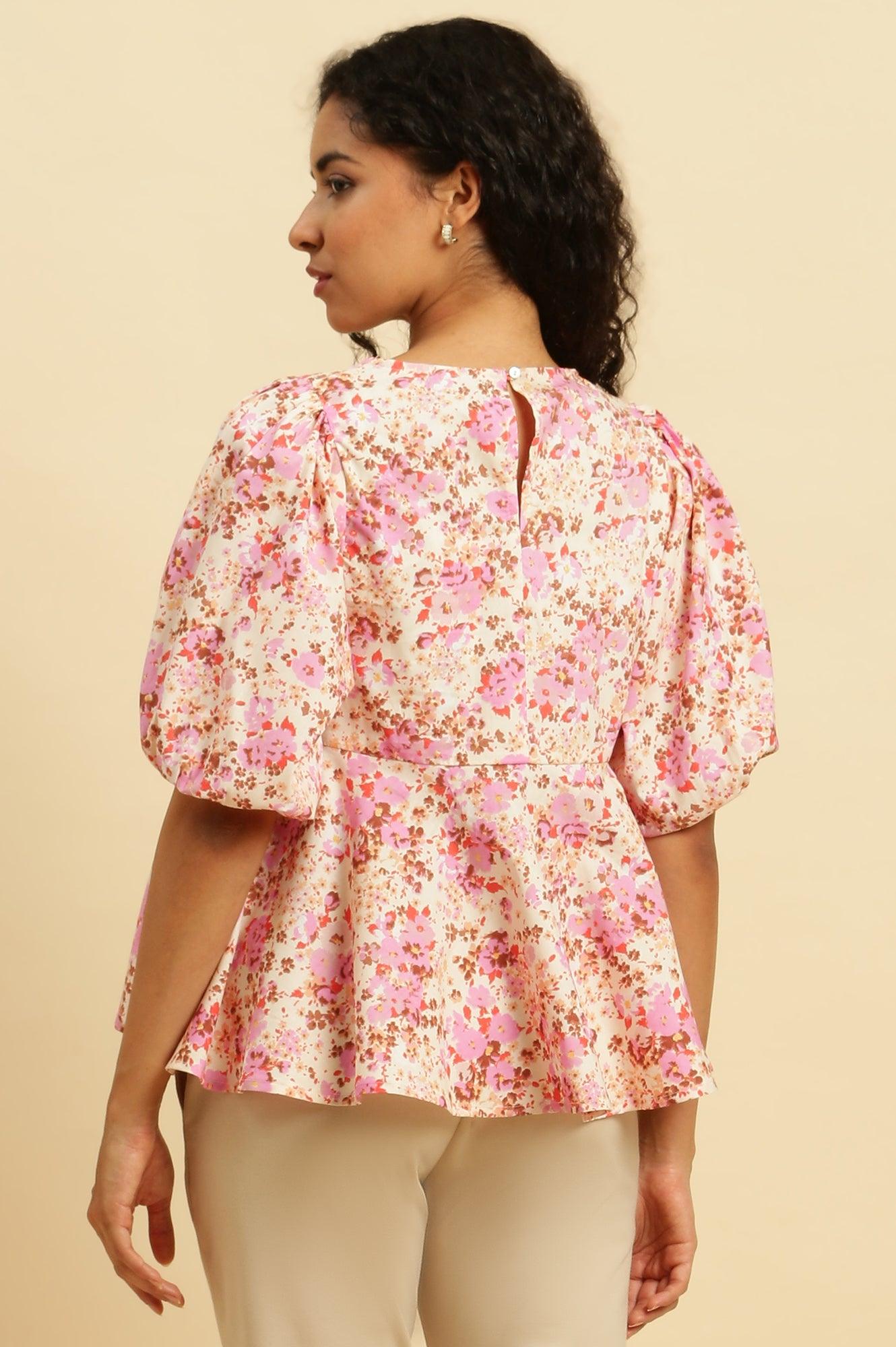 W for Woman White And Pink Floral Printed Flared Top
