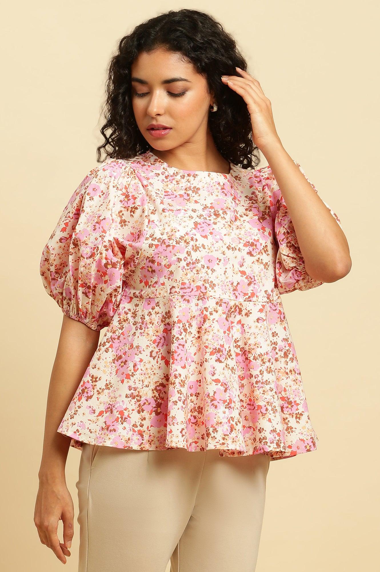 W for Woman White And Pink Floral Printed Flared Top
