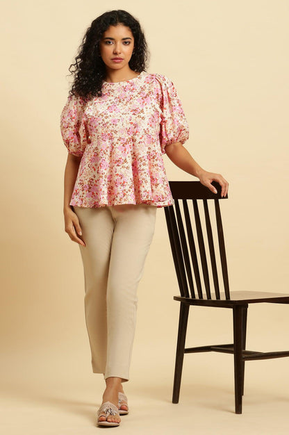 W for Woman White And Pink Floral Printed Flared Top