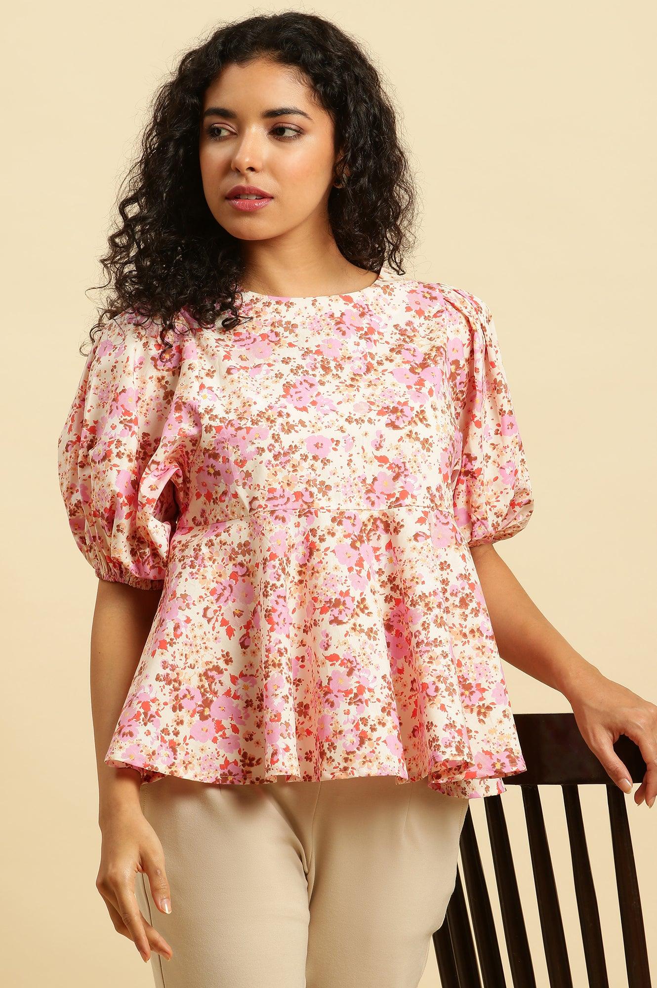 W for Woman White And Pink Floral Printed Flared Top