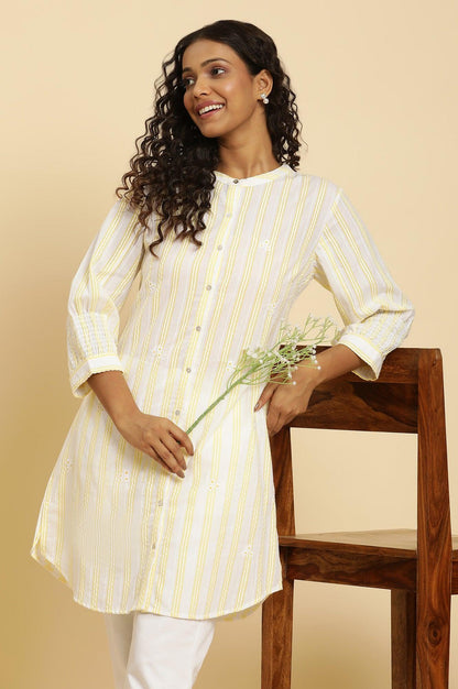 W for Woman Ecru Stripe Printed Tunic With Floral Thread Embroidery