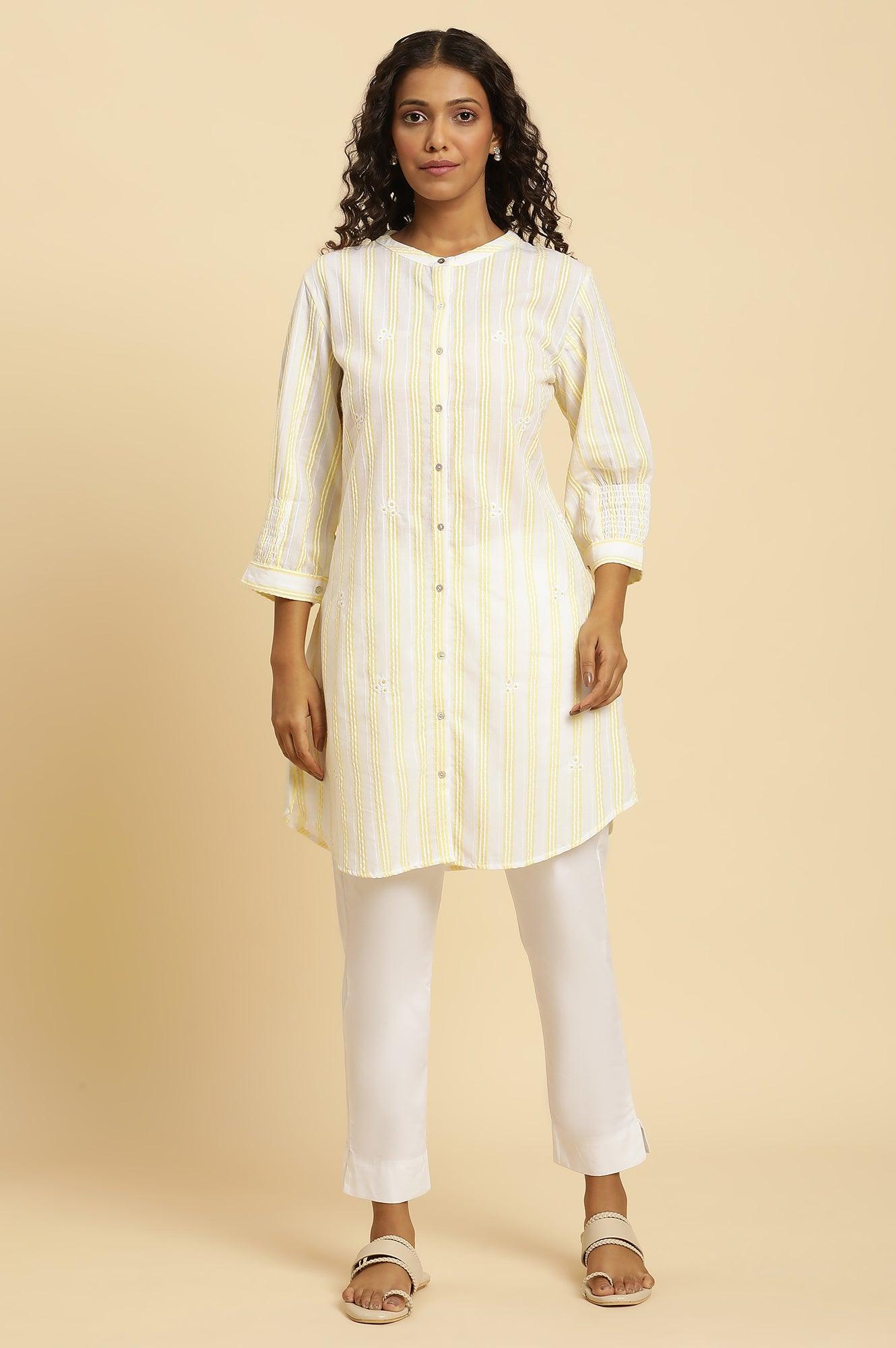 W for Woman Ecru Stripe Printed Tunic With Floral Thread Embroidery