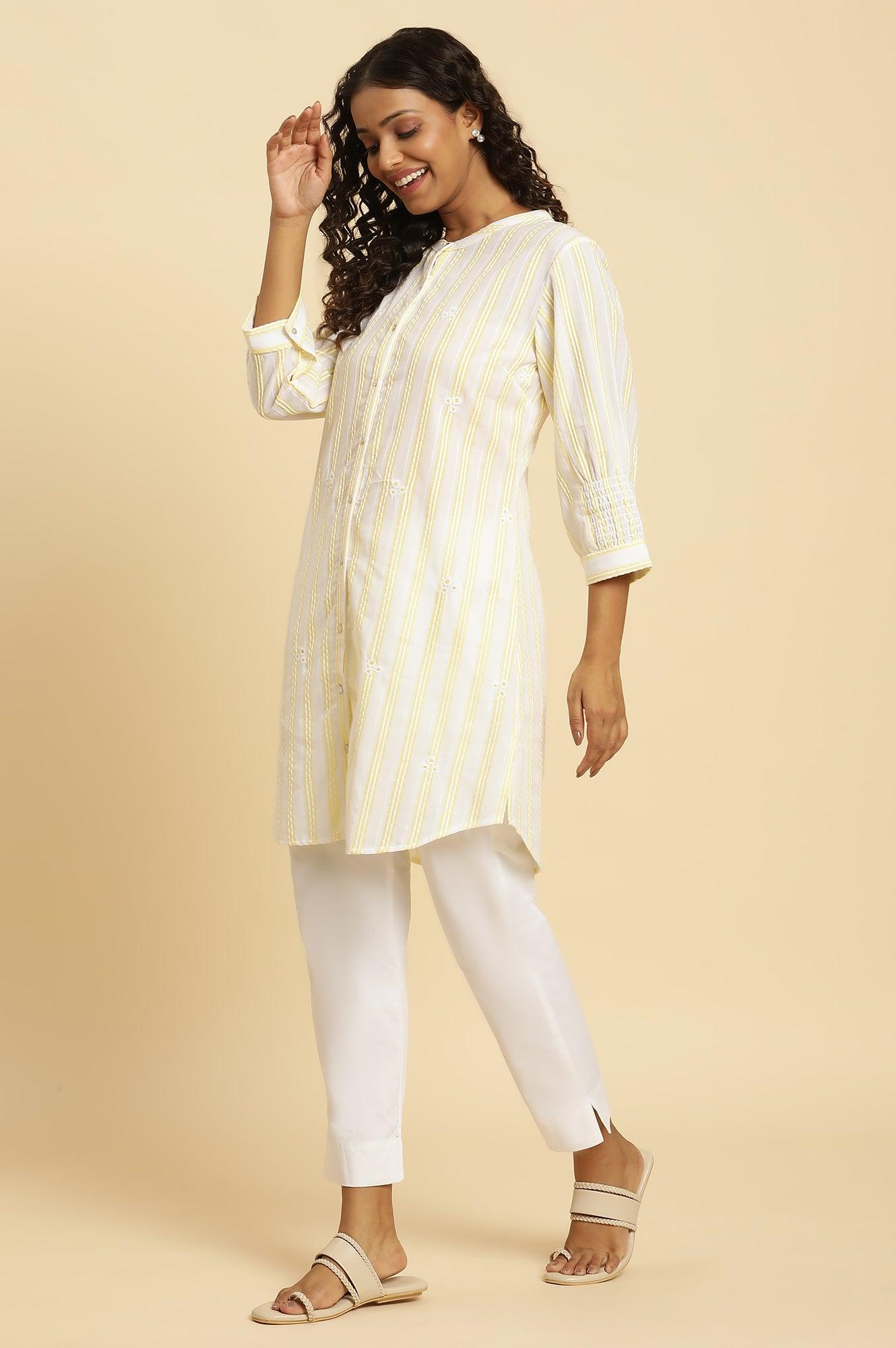 W for Woman Ecru Stripe Printed Tunic With Floral Thread Embroidery
