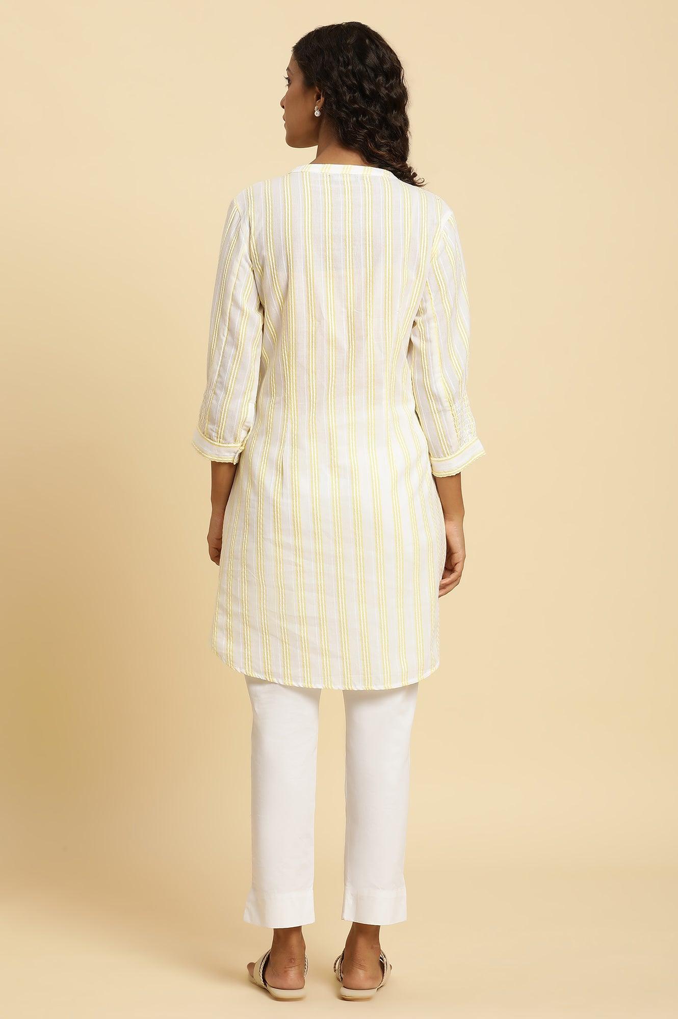 W for Woman Ecru Stripe Printed Tunic With Floral Thread Embroidery