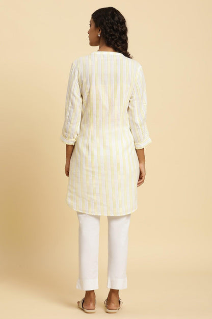 W for Woman Ecru Stripe Printed Tunic With Floral Thread Embroidery