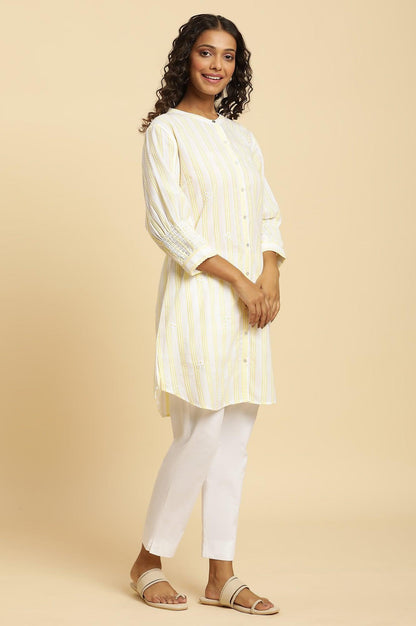W for Woman Ecru Stripe Printed Tunic With Floral Thread Embroidery