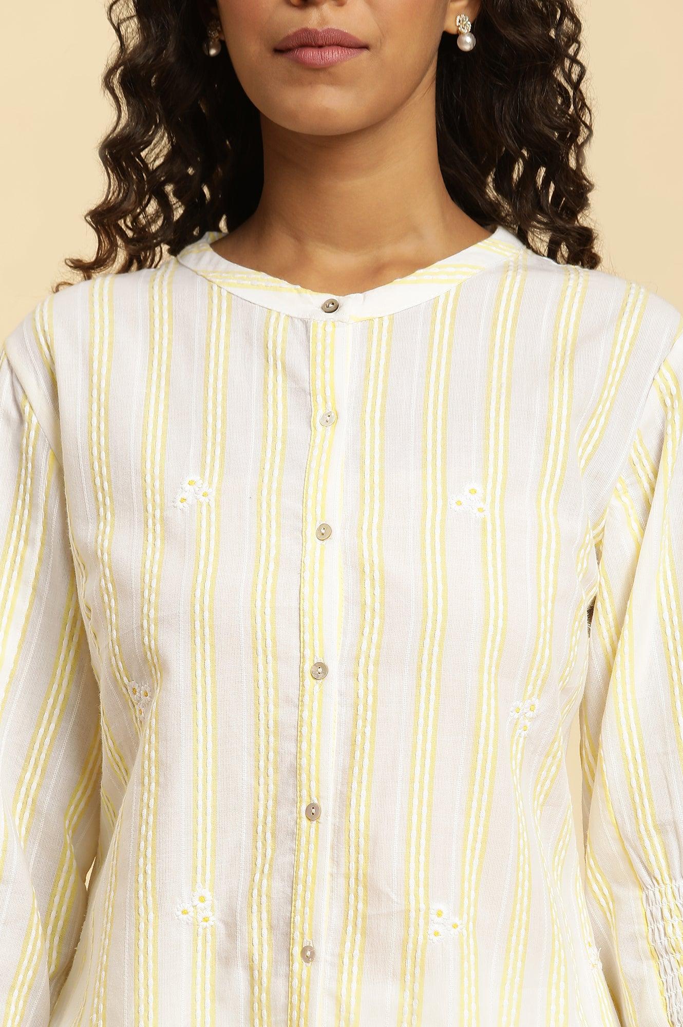 W for Woman Ecru Stripe Printed Tunic With Floral Thread Embroidery