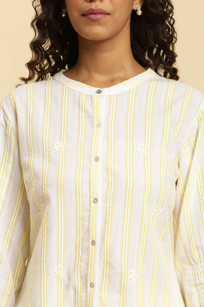 W for Woman Ecru Stripe Printed Tunic With Floral Thread Embroidery