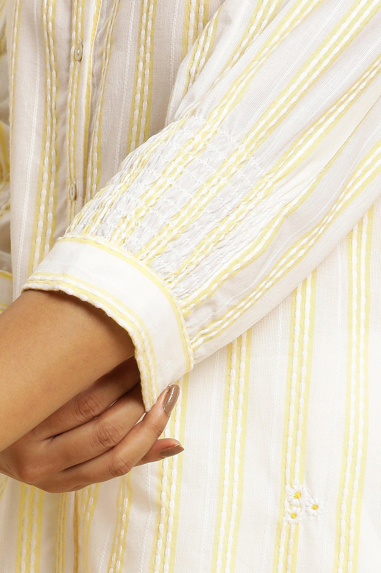 W for Woman Ecru Stripe Printed Tunic With Floral Thread Embroidery