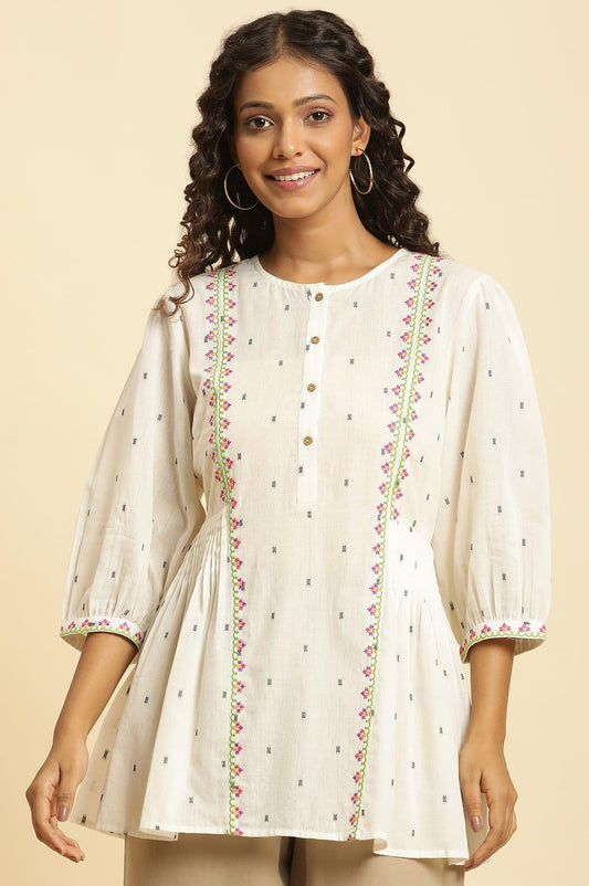 W for Woman Ecru Yarn Dyed Embroidered Pleated Straight Top