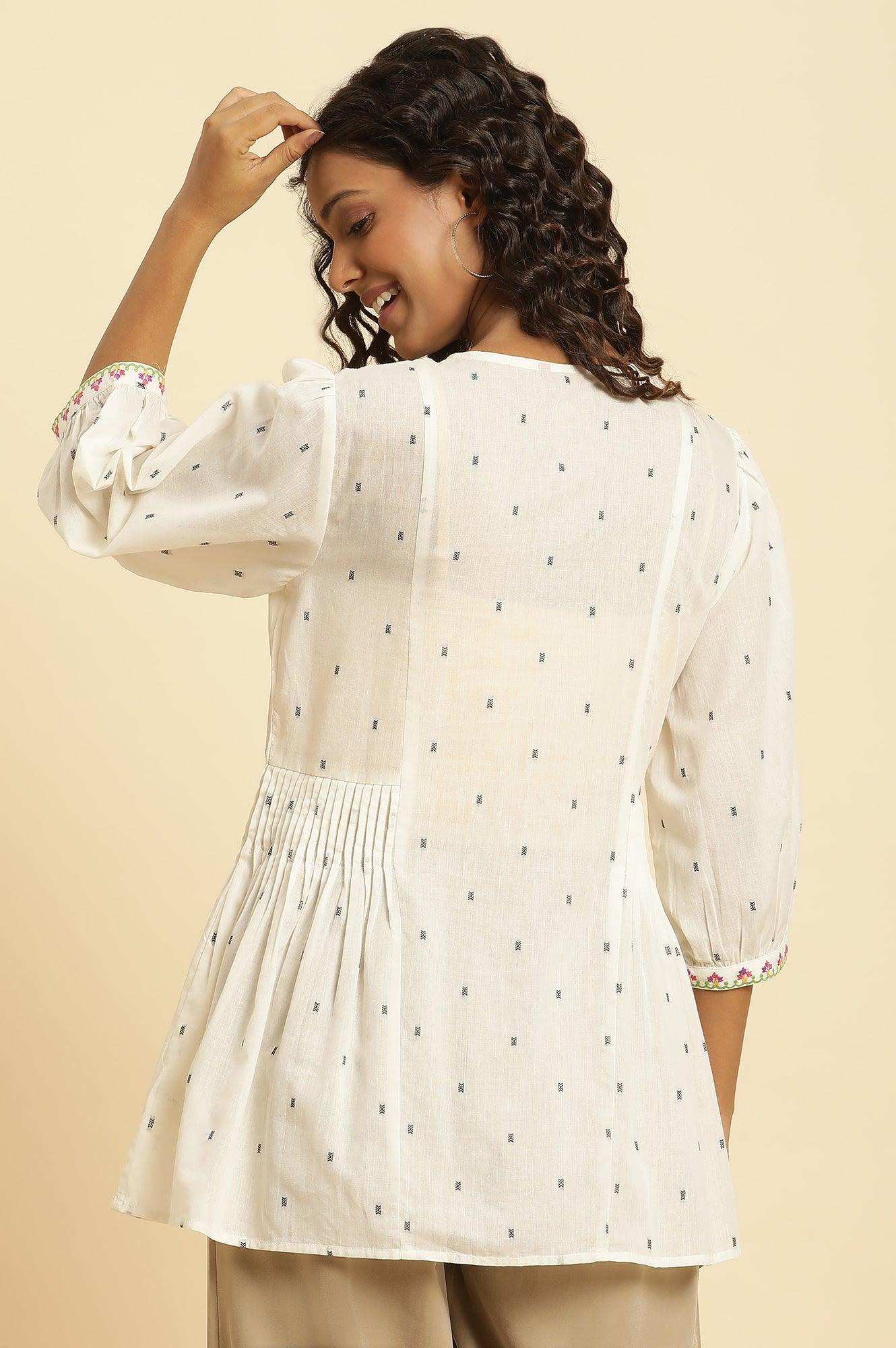 W for Woman Ecru Yarn Dyed Embroidered Pleated Straight Top