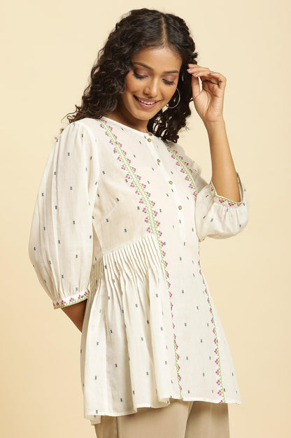 W for Woman Ecru Yarn Dyed Embroidered Pleated Straight Top