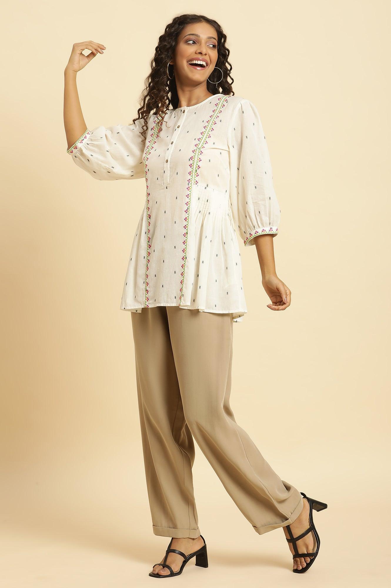 W for Woman Ecru Yarn Dyed Embroidered Pleated Straight Top