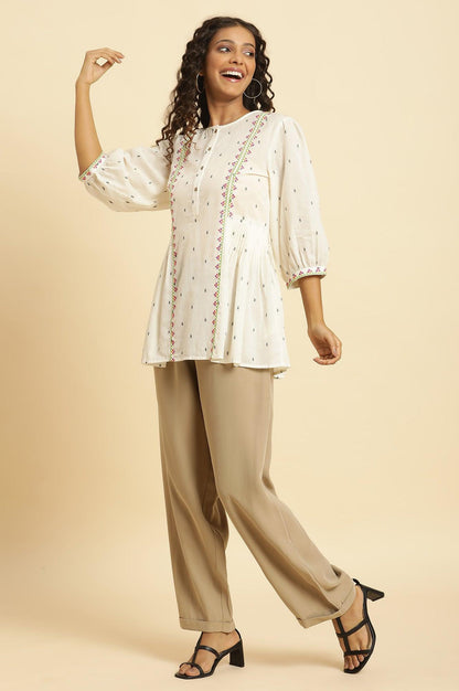 W for Woman Ecru Yarn Dyed Embroidered Pleated Straight Top