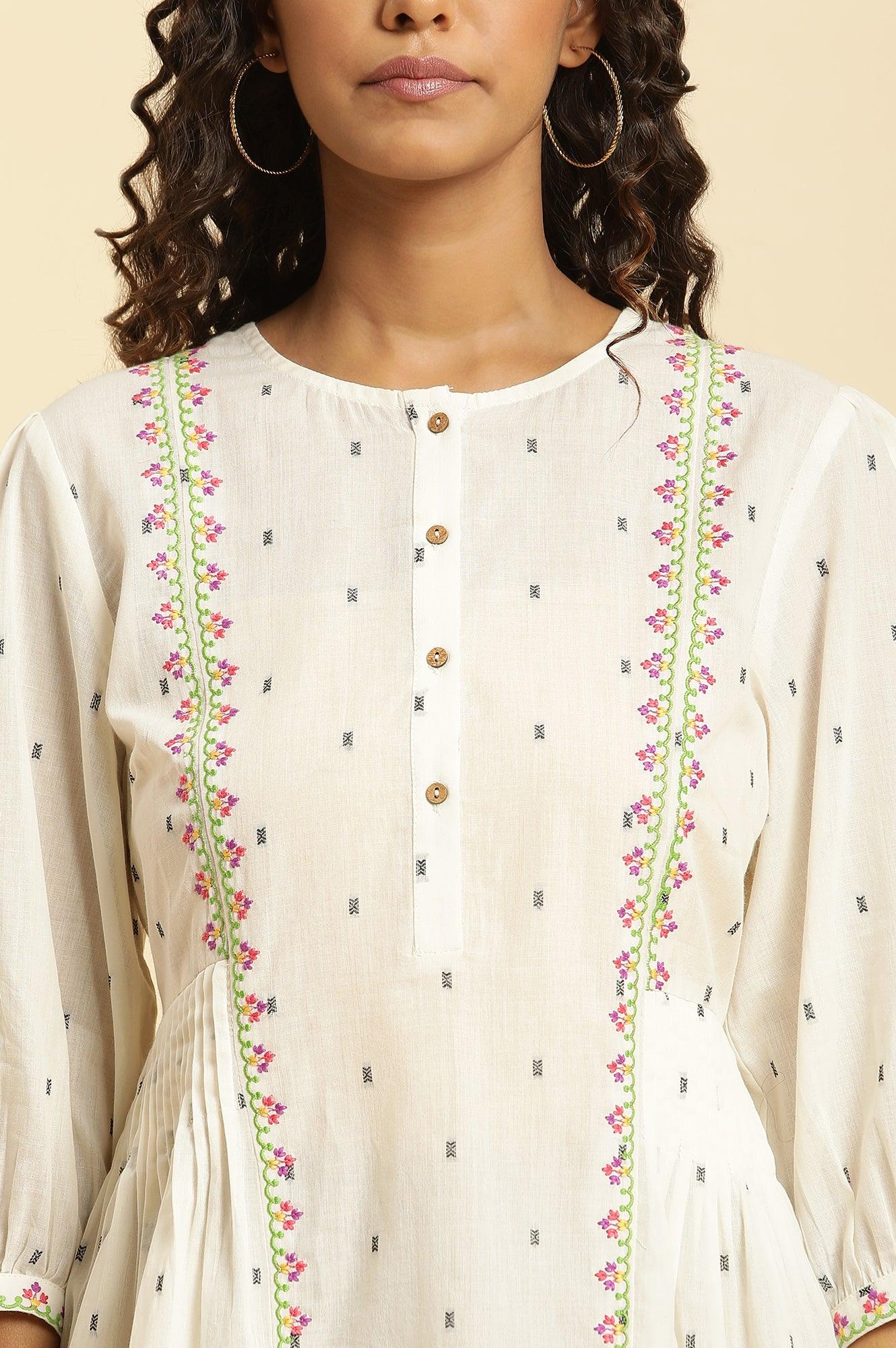 W for Woman Ecru Yarn Dyed Embroidered Pleated Straight Top