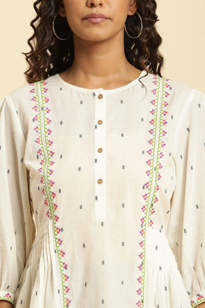 W for Woman Ecru Yarn Dyed Embroidered Pleated Straight Top