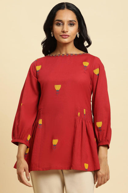 W for Woman Red Yarn Dyed Smocked Peplum Top