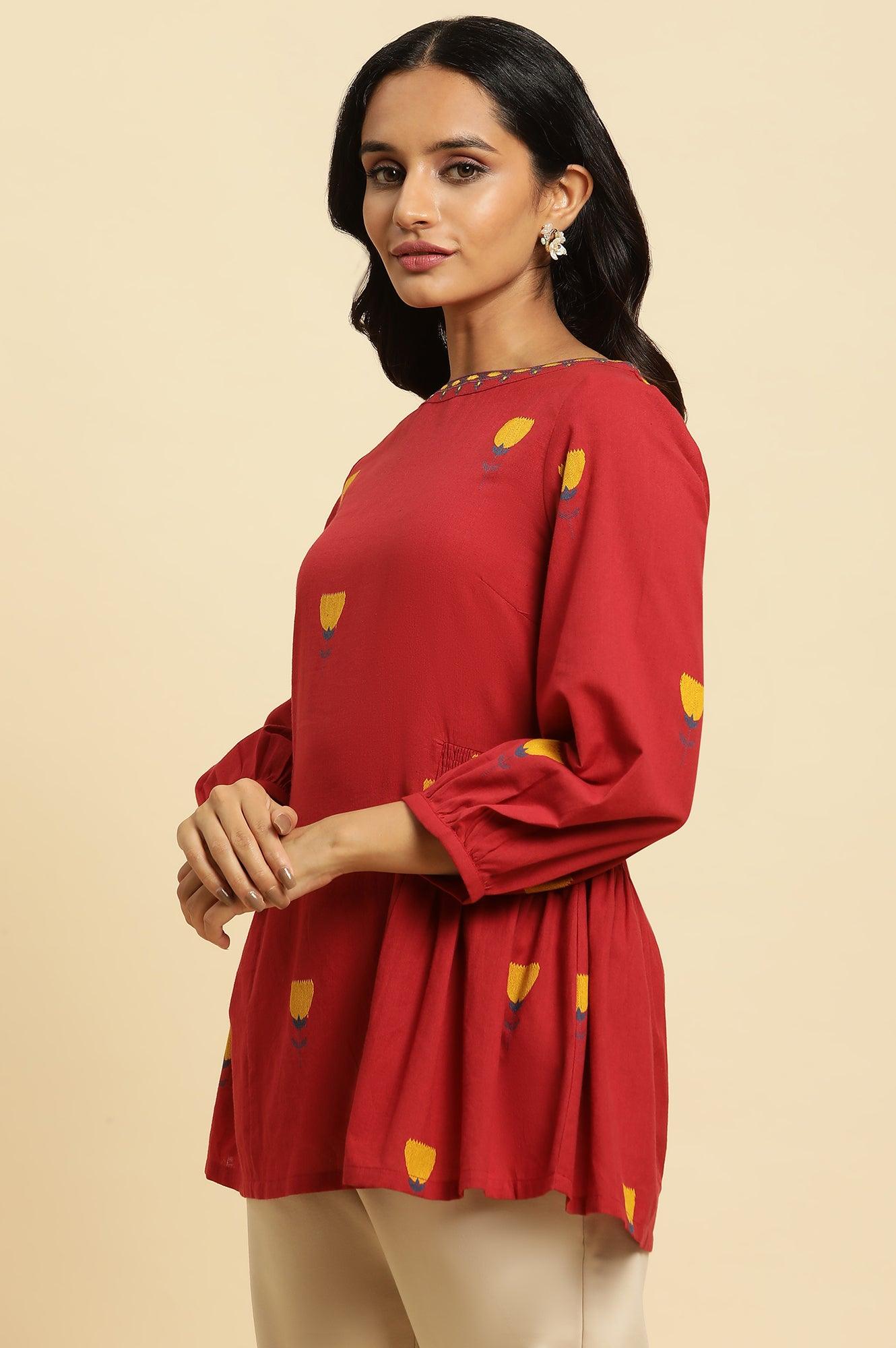 W for Woman Red Yarn Dyed Smocked Peplum Top