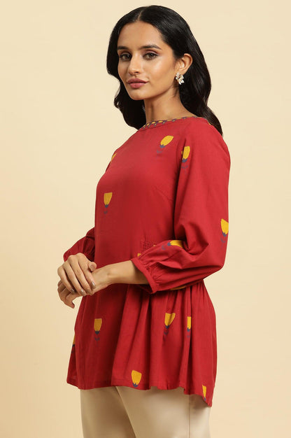 W for Woman Red Yarn Dyed Smocked Peplum Top