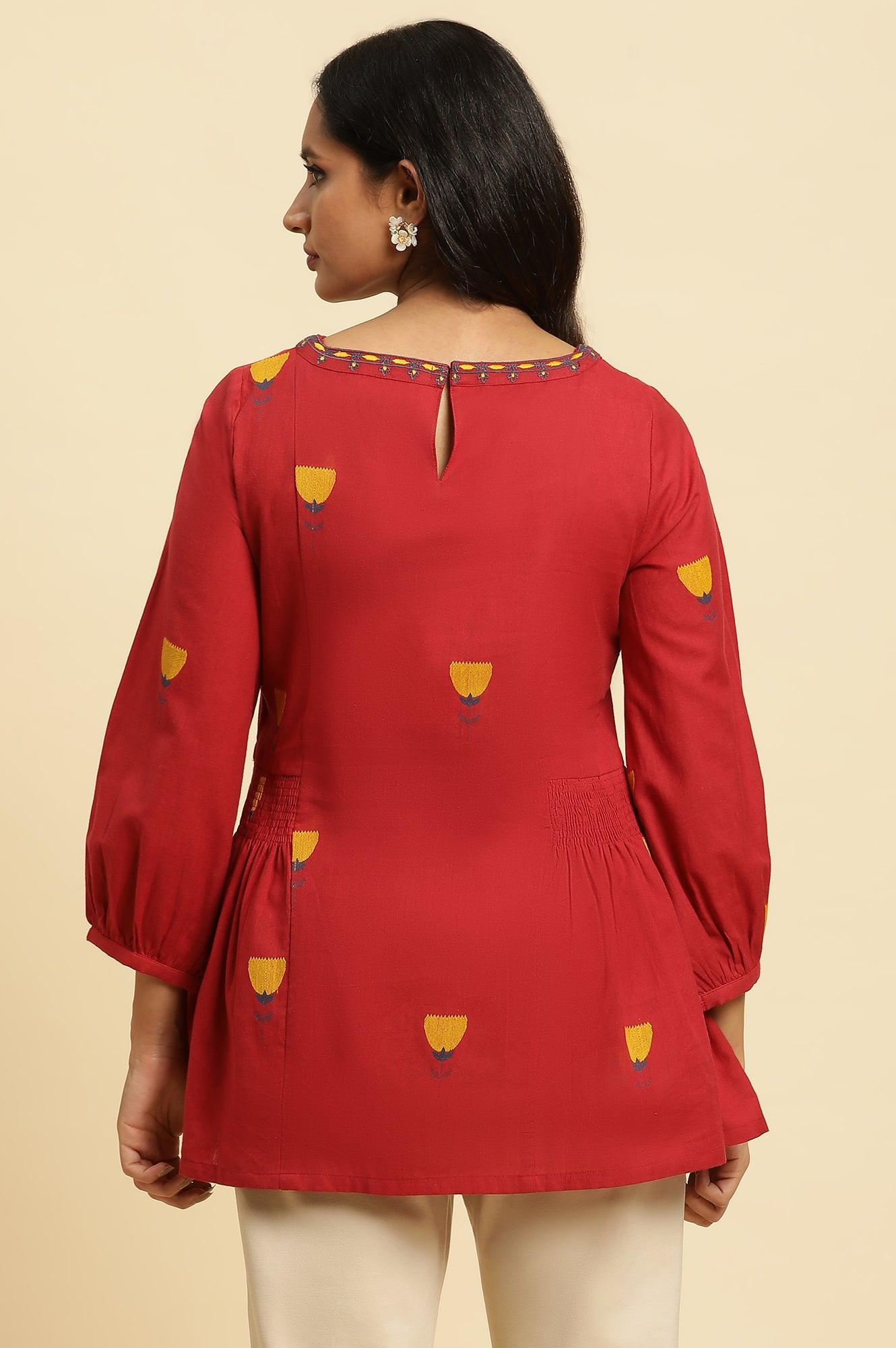 W for Woman Red Yarn Dyed Smocked Peplum Top