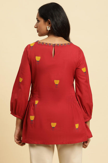 W for Woman Red Yarn Dyed Smocked Peplum Top
