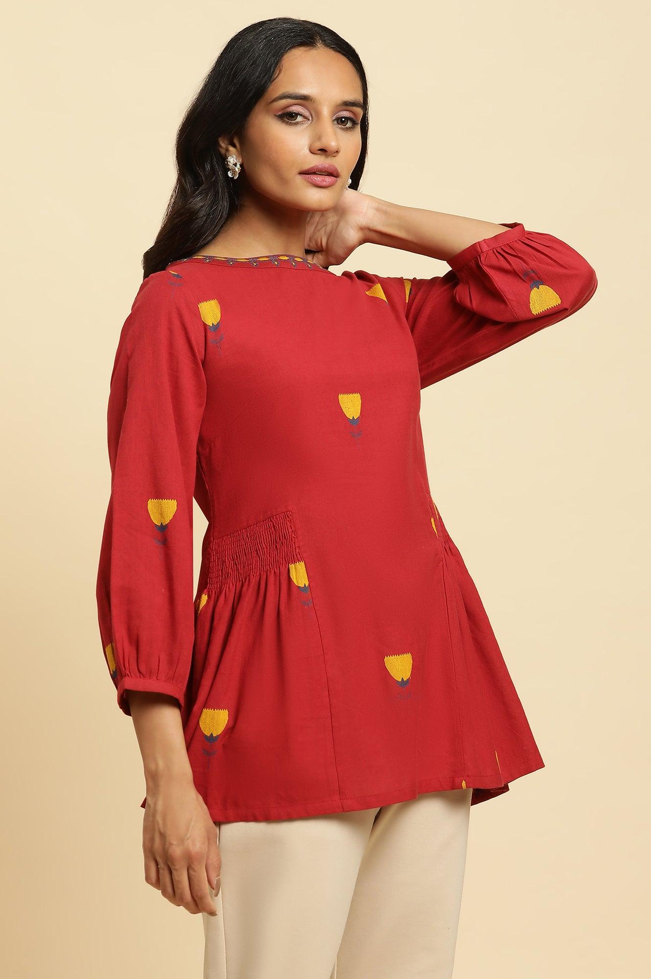 W for Woman Red Yarn Dyed Smocked Peplum Top
