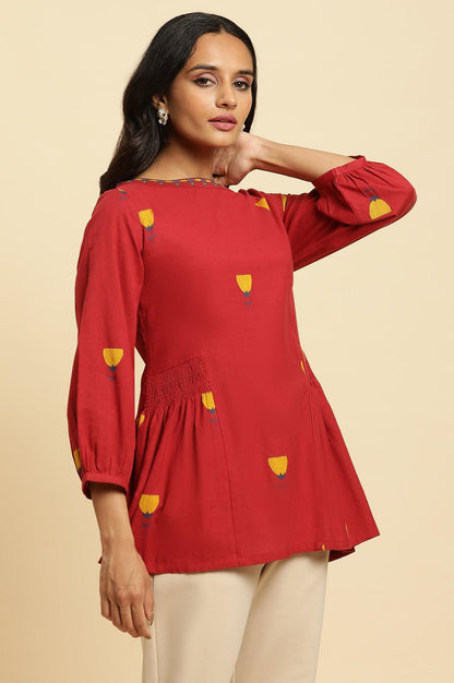 W for Woman Red Yarn Dyed Smocked Peplum Top