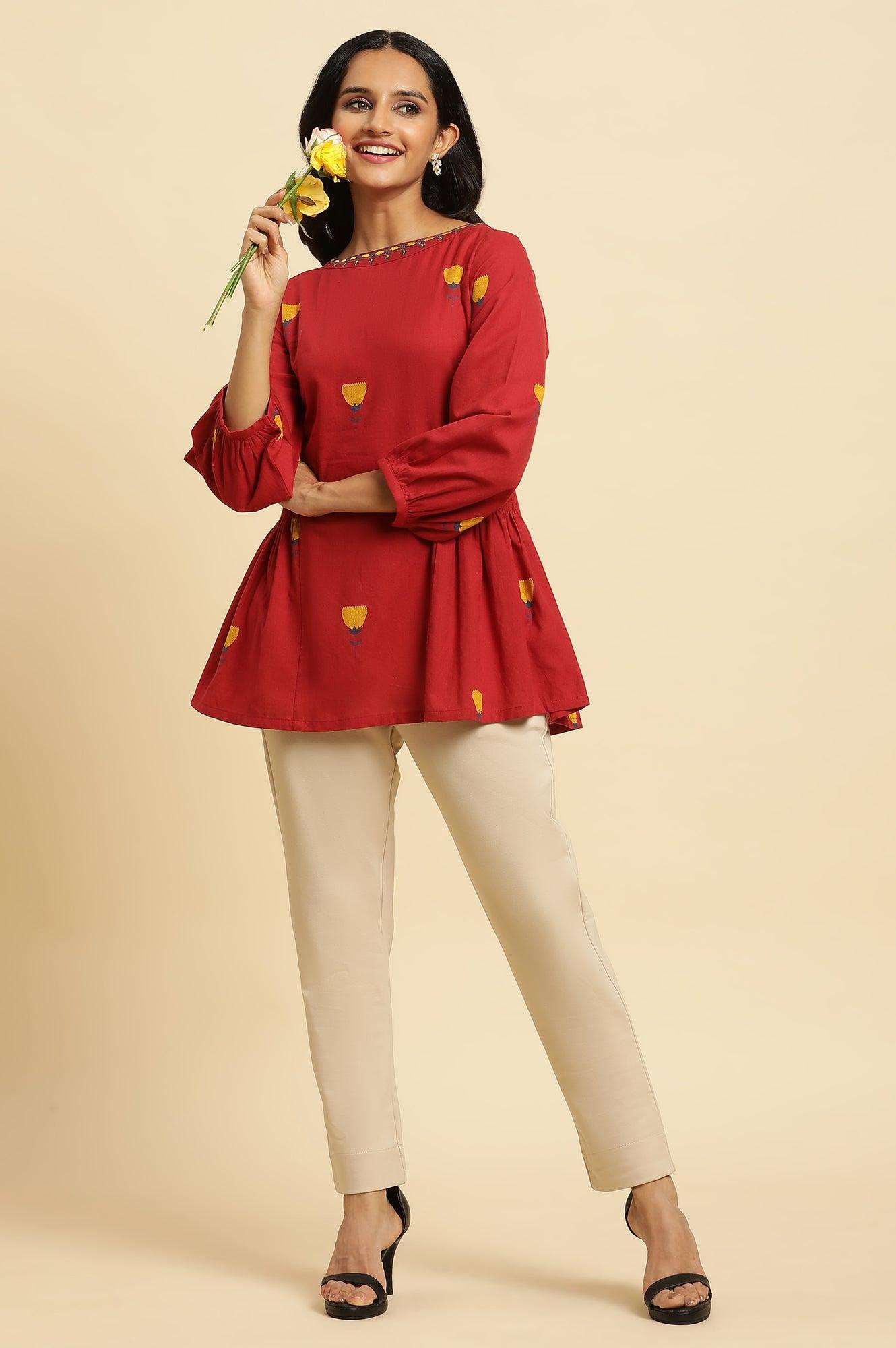 W for Woman Red Yarn Dyed Smocked Peplum Top