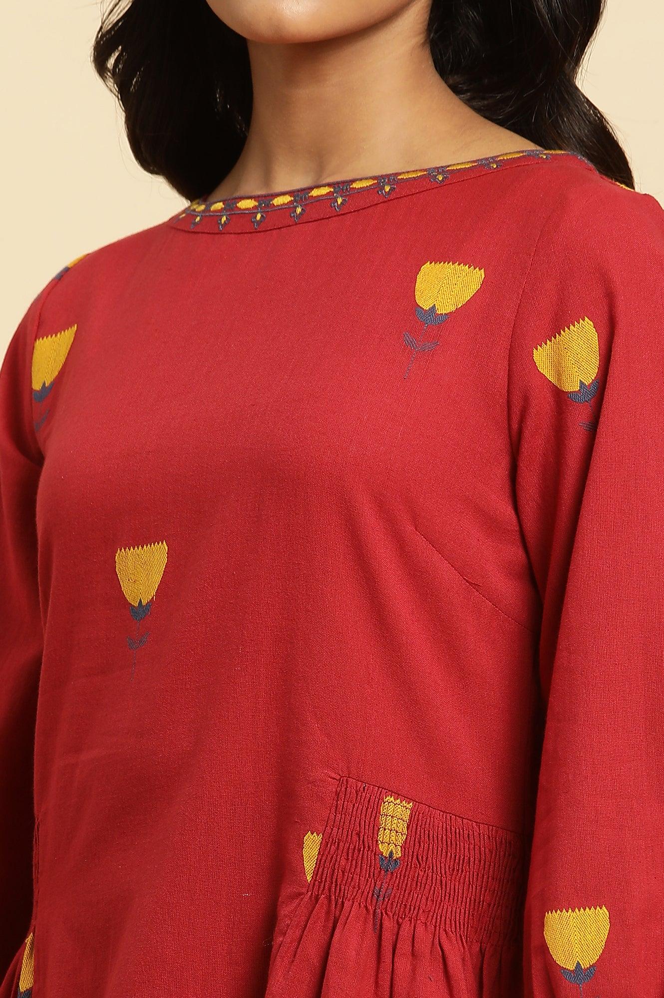 W for Woman Red Yarn Dyed Smocked Peplum Top