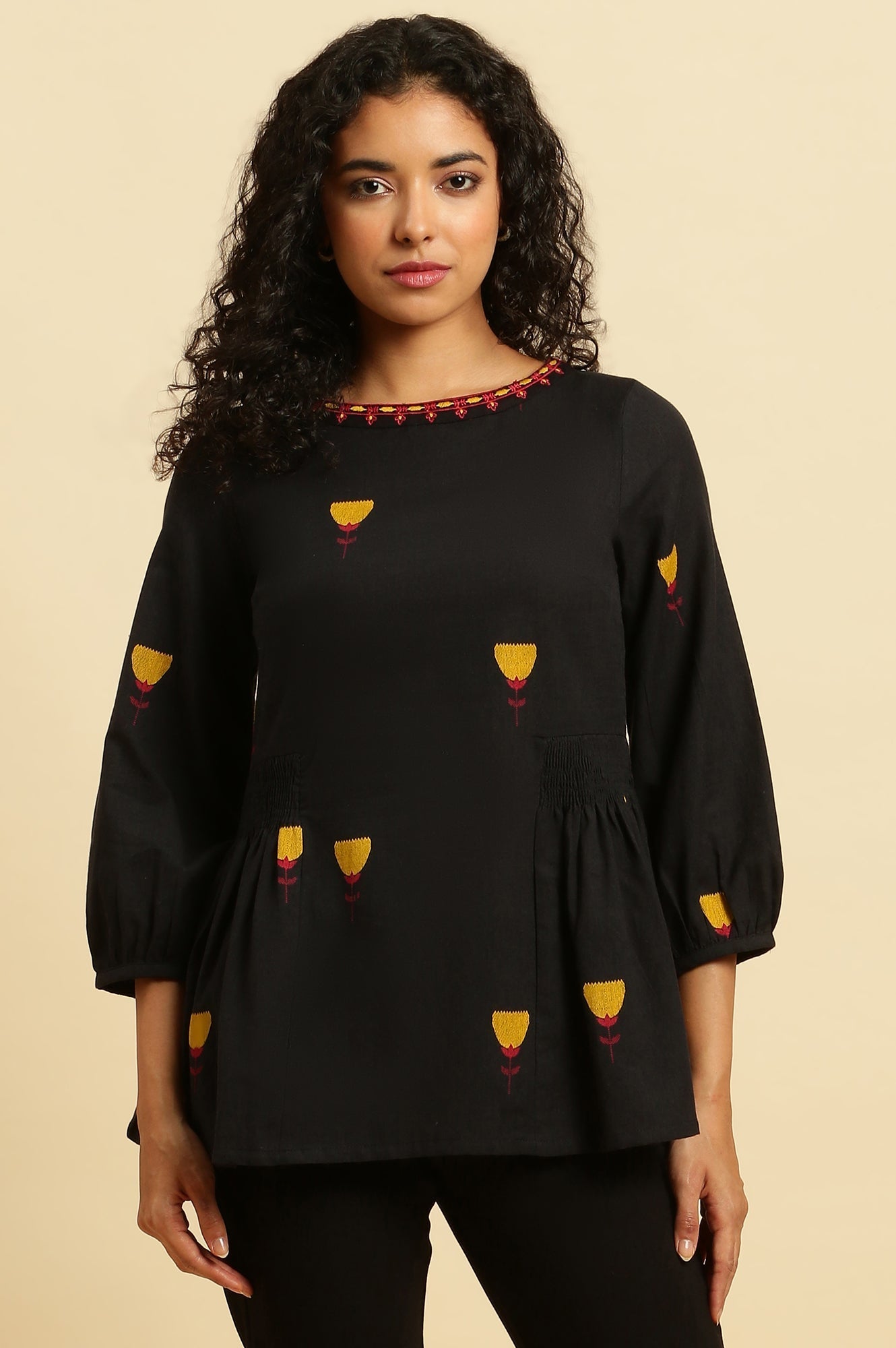 W for Woman Black Yarn Dyed Smocked Peplum Top