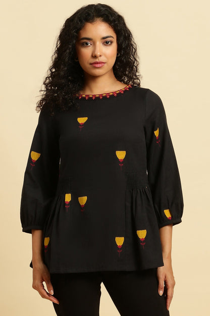 W for Woman Black Yarn Dyed Smocked Peplum Top