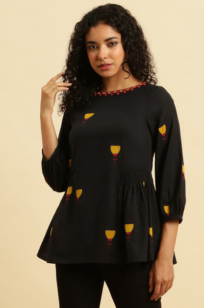 W for Woman Black Yarn Dyed Smocked Peplum Top