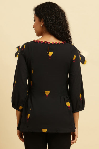 W for Woman Black Yarn Dyed Smocked Peplum Top