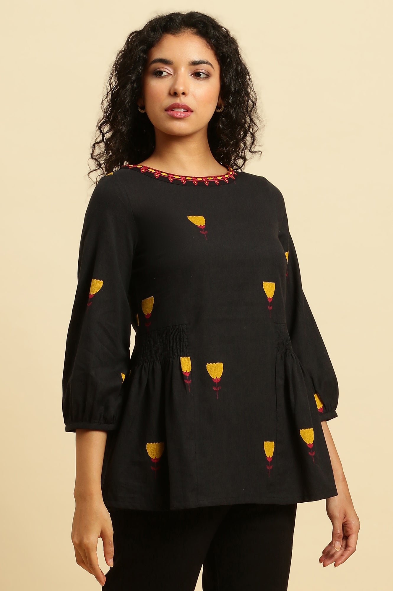 W for Woman Black Yarn Dyed Smocked Peplum Top