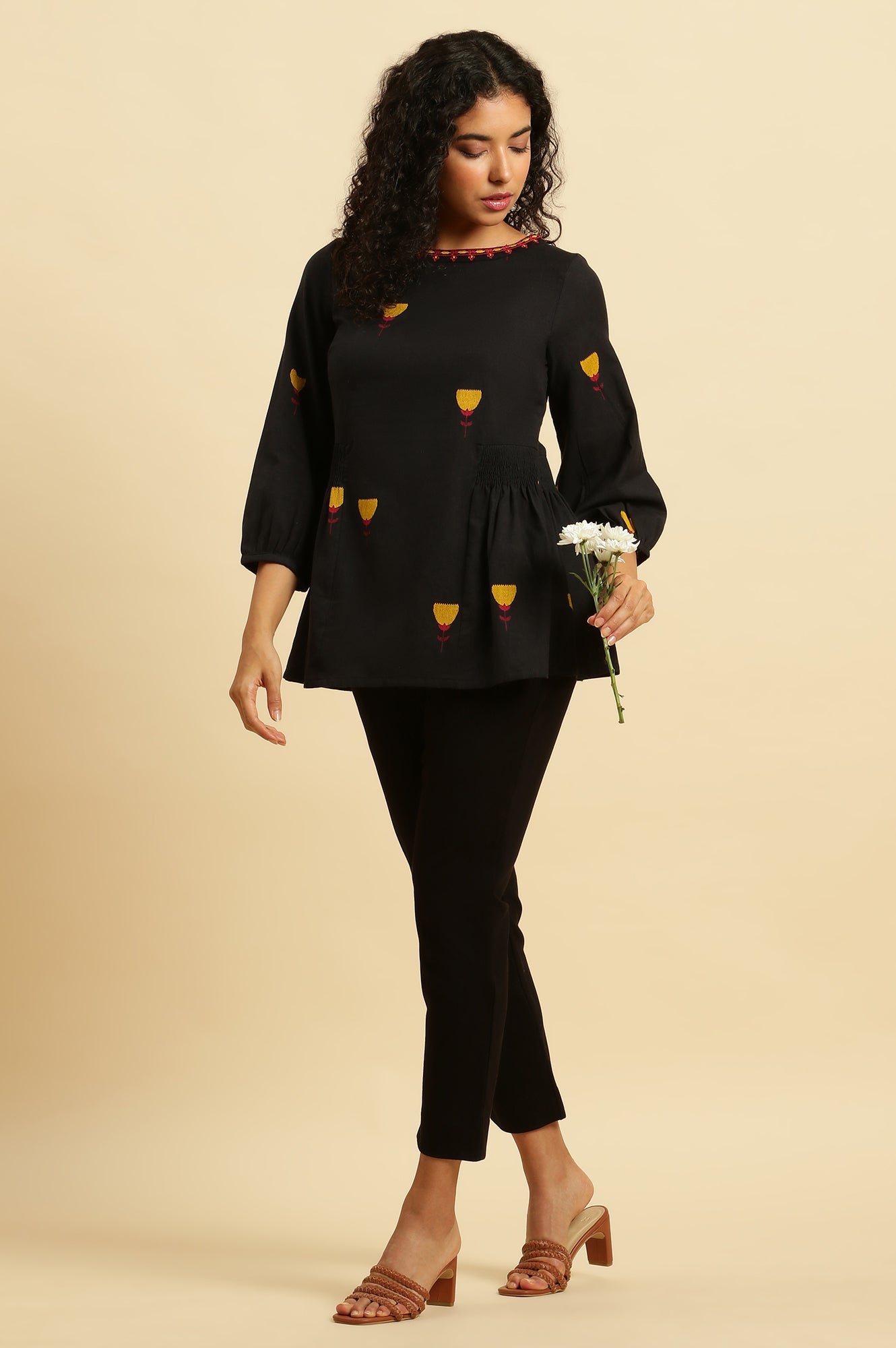 W for Woman Black Yarn Dyed Smocked Peplum Top
